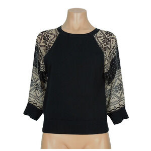 SWEATER PROJECT Sweater S SMALL Black Crewneck Sheer Printed Sleeves